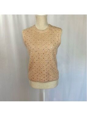 Women’s Vintage Vest Apricot- Beige Wool Sequin Beaded Knit Top.